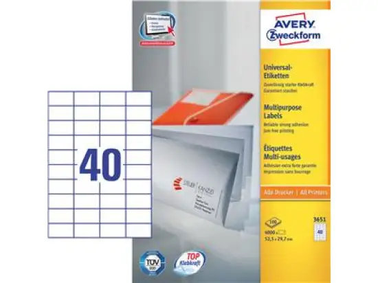 Etiketten Avery Zweckform 3651 52,5 x 29,7 mm weiß, selbstklebend, Inkjet Laser Kopierer, Pack 4000 Stk/100 Blatt