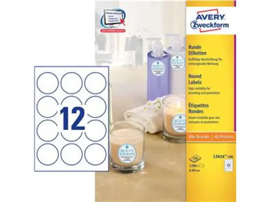 Etiketten Avery Zweckform L3416-100 Ø 60 mm rund, selbstklebend, weiß, Inkjet Laser Kopierer, Pack 1200 Stk/100 Blatt