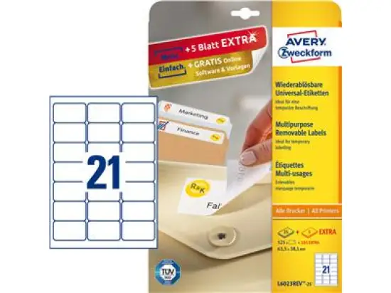 Etiketten Avery Zweckform L6023REV-25 63,5 x 38,1 mm weiß, selbstklebend, wiederablösbar, Inkjet Laser Kopierer, Pack 630 Stk/30 Blatt