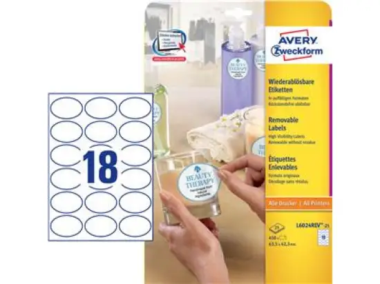 Etiketten Avery Zweckform L6024REV-25 63,5 x 42,3 mm oval, weiß, selbstklebend, wiederablösbar, Inkjet Laser Kopierer, Pack 450 Stk/25 Blatt