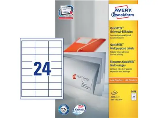 Etiketten Avery Zweckform 3658 64,6 x 33,8 mm weiß, selbstklebend, Inkjet Laser Kopierer, Pack 2400 Stk/100 Blatt