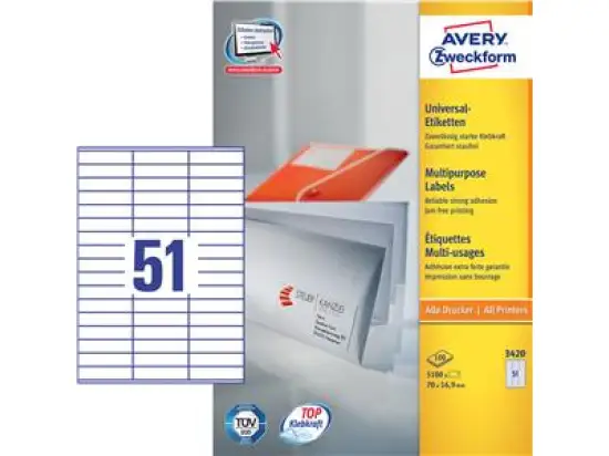 Etiketten Avery Zweckform 3420 70 x 16,9 mm weiß, selbstklebend, Inkjet Laser Kopierer, Pack 5100 Stk/100 Blatt