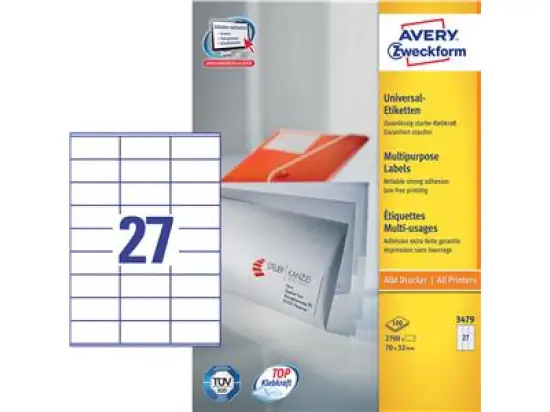 Etiketten Avery Zweckform 3479 70 x 32 mm weiß, selbstklebend, Inkjet Laser Kopierer, Pack 2700 Stk/100 Blatt