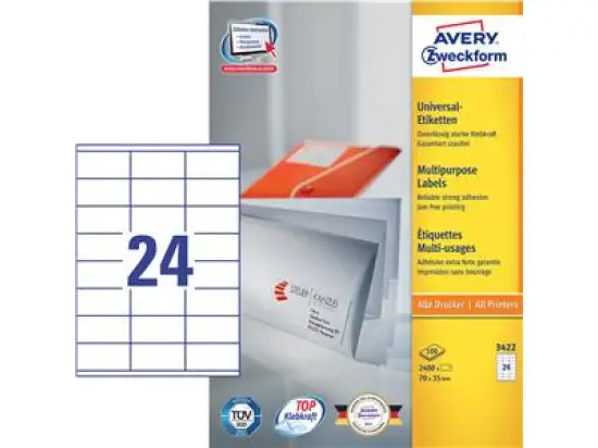 Etiketten Avery Zweckform 3422 70 x 35 mm weiß, selbstklebend, Inkjet Laser Kopierer, Pack 2400 Stk/100 Blatt