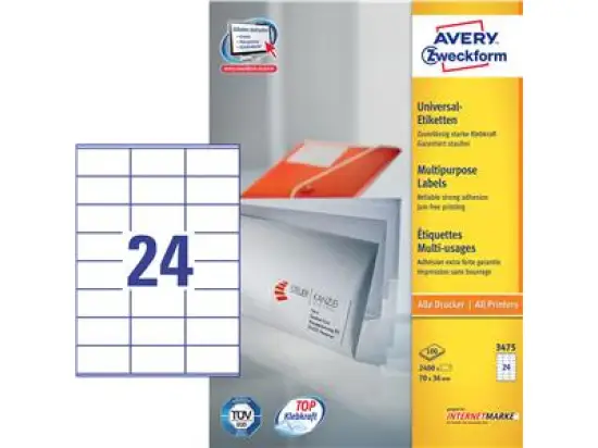 Etiketten Avery Zweckform 3475 70 x 36 mm weiß, selbstklebend, Inkjet Laser Kopierer, Pack 2400 Stk/100 Blatt
