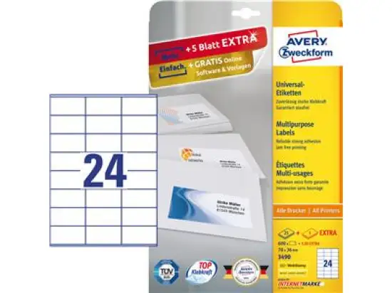 Etiketten Avery Zweckform 3490 70 x 36 mm weiß, selbstklebend, Inkjet Laser Kopierer, Pack 720 Stk/30 Blatt