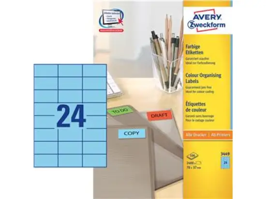 Etiketten Avery Zweckform 3449 70 x 37 mm selbstklebend, blau, Inkjet Laser Kopierer, Pack 2400 Stk/100 Blatt