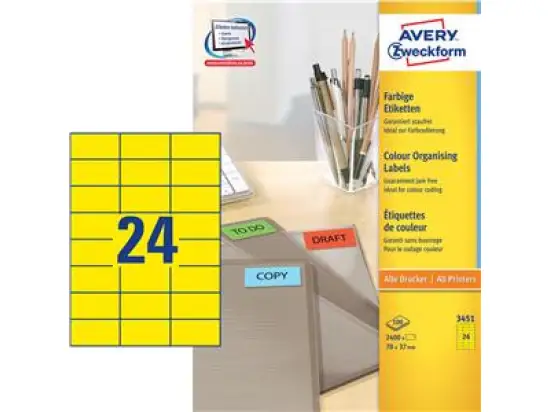 Etiketten Avery Zweckform 3451 70 x 37 mm selbstklebend, gelb, Inkjet Laser Kopierer, Pack 2400 Stk/100 Blatt