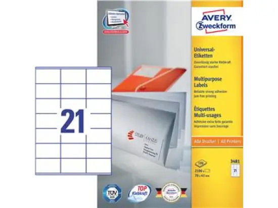 Etiketten Avery Zweckform 3481 70 x 41 mm weiß, selbstklebend, Inkjet Laser Kopierer, Pack 2100 Stk/100 Blatt
