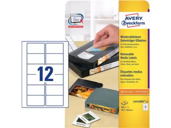 Datenträger-Etiketten Avery Zweckform L4742REV-25 78,7 x 46,6 mm, selbstklebend, wiederablösbar, weiß, Inkjet Laser Kopierer, Pack 300 Stk/25 Blatt