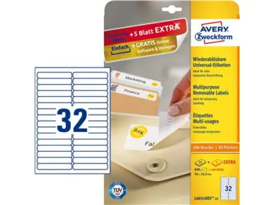Etiketten Avery Zweckform L6031REV-25 96 x 16,9 mm weiß, selbstklebend, wiederablösbar, Inkjet Laser Kopierer, Pack 960 Stk/30 Blatt
