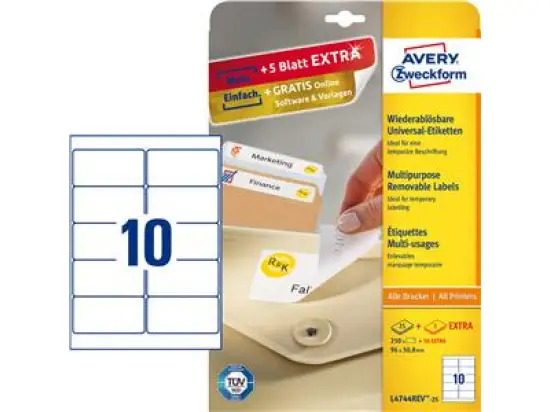 Etiketten Avery Zweckform L4744REV-25 96 x 50,8 mm weiß, selbstklebend, wiederablösbar, Inkjet Laser Kopierer, Pack 300 Stk/30 Blatt