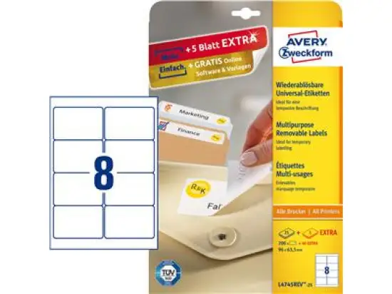 Etiketten Avery Zweckform L4745REV-25 96x 63,5 mm weiß, selbstklebend, wiederablösbar, Inkjet Laser Kopierer, Pack 240 Stk/30 Blatt