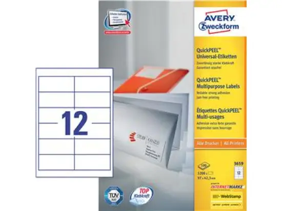 Etiketten Avery Zweckform 3659 97 x 42,3 mm weiß, selbstklebend, Inkjet Laser Kopierer, Pack 1200 Stk/100 Blatt