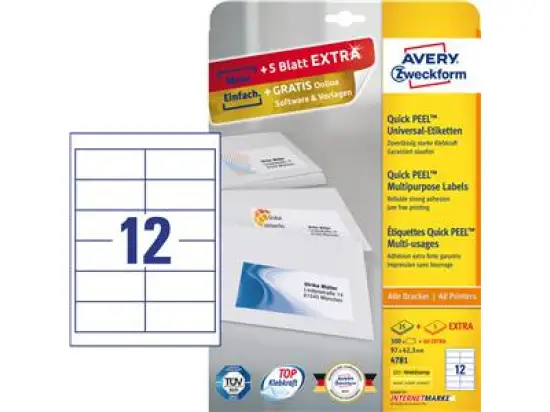 Etiketten Avery Zweckform 4781 97 x 42,3 mm weiß, selbstklebend, Inkjet Laser Kopierer, Pack 360 Stk/30 Blatt
