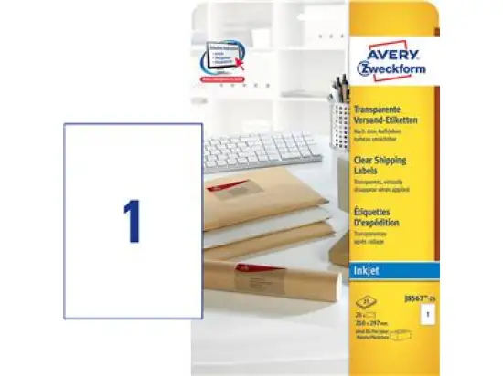 Versand-Etiketten Avery Zweckform J8567-25 210 x 297 mm, Folie, selbstklebend, transparent, Inkjet, Pack 25 Stk/25 Blatt