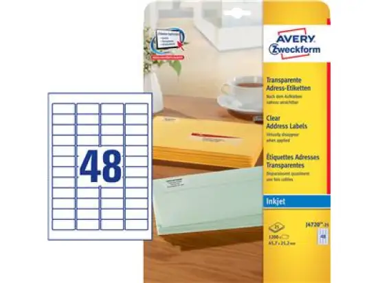 Adress-Etiketten Avery Zweckform J4720-25 45,7 x 21,2 mm, Folie, selbstklebend, transparent, Inkjet, Pack 1200 Stk/25 Blatt