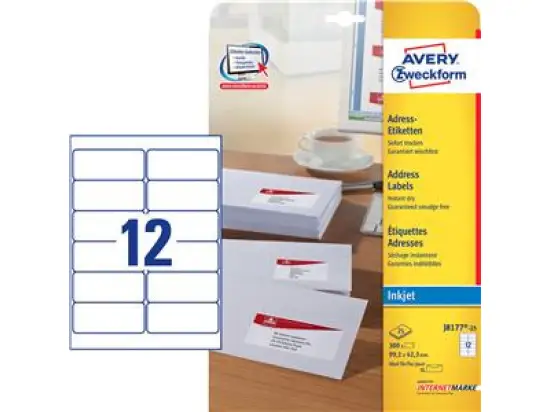 Adressetiketten Avery Zweckform J8177-25 99,1 x 42,3 mm weiß, selbstklebend, Inkjet, Pack 300 Stk/25 Blatt