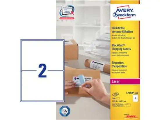 Versand-Etiketten Avery Zweckform L7168-100 199,6 x 143,5 mm blickdicht, selbstklebend, weiß, Laser, Pack 200 Stk/100 Blatt