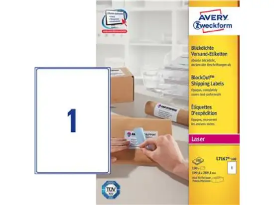 Versand-Etiketten Avery Zweckform L7167-100 199,6 x 289,1 mm selbstklebend, blickdicht, weiß, Laser, Pack 100 Stk/100 Blatt