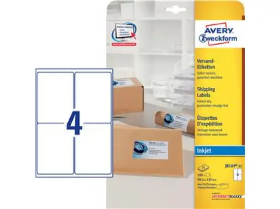 Versand-Etiketten Avery Zweckform J8169-25 99,1 x 139 mm, selbstklebend, spezialbeschichtet, weiß, Inkjet, Pack 100 Stk/25 Blatt