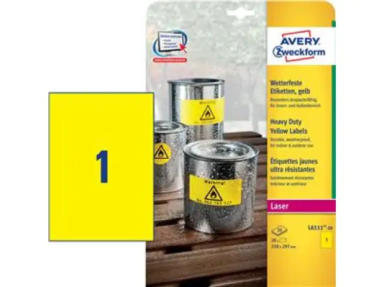 Etiketten Avery Zweckform L6111-20 210 x 297 mm Folie, wetterfest, selbstklebend, gelb, Laser, Pack 20 Stk/20 Blatt