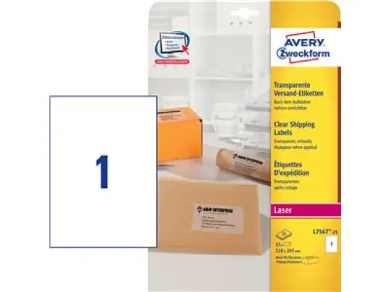 Versand-Etiketten Avery Zweckform L7567-25 210 x 297 mm A4, Folie, selbstklebend, transparent, Laser, Pack 25 Stk/25 Blatt