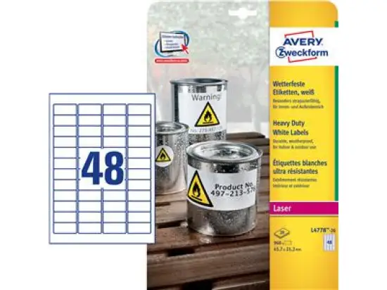 Etiketten Avery Zweckform L4778-20 45,7 x 21,2 mm Folie, wetterfest, reißfest, selbstklebend, weiß, Laser, Pack 960 Stk/20 Blatt