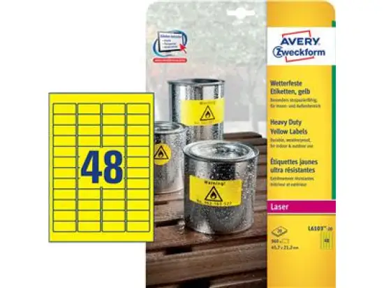 Etiketten Avery Zweckform L6103-20 45,7 x 21,2 mm Folie, wetterfest, selbstklebend, gelb, Laser, Pack 960 Stk/20 Blatt