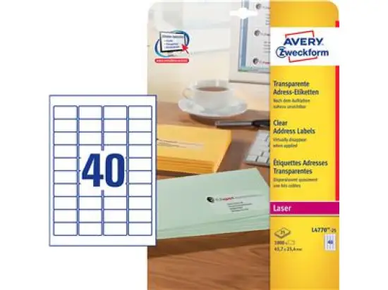 Adress-Etiketten Avery Zweckform L4770-25 45,7 x 25,4 mm, Folie, selbstklebend, transparent, Laser, Pack 1000 Stk/25 Blatt