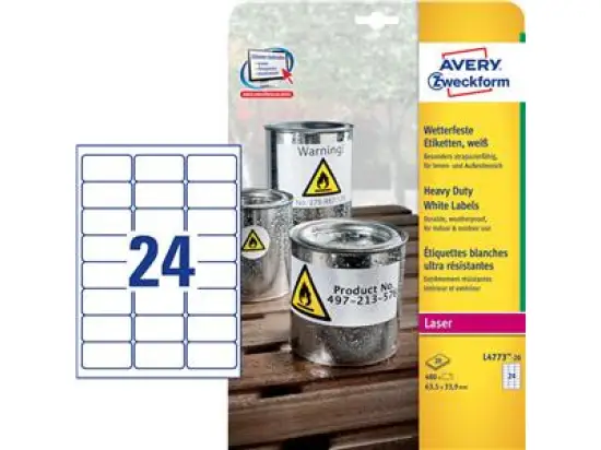 Etiketten Avery Zweckform L4773-20 63,5 x 33,9 mm Folie, wetterfest, reißfest, selbstklebend, weiß, Laser, Pack 480 Stk/20 Blatt