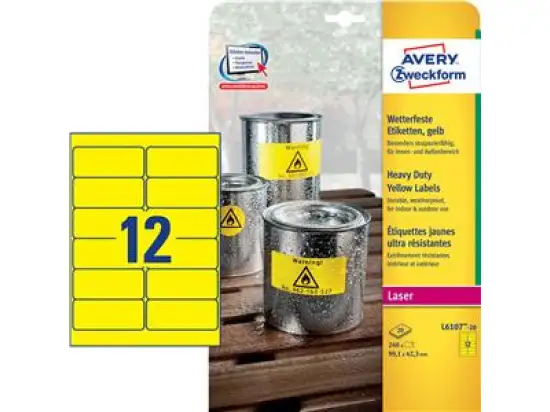 Etiketten Avery Zweckform L6107-20 99,1 x 42,3 mm Folie, wetterfest, selbstklebend, gelb, Laser, Pack 240 Stk/20 Blatt