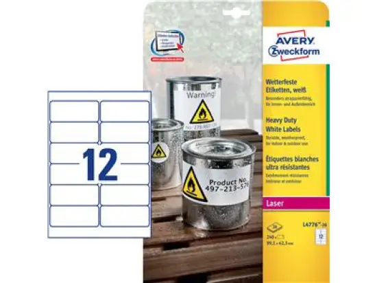 Etiketten Avery Zweckform L4776-20 99,1 x 42,3 mm Folie, wetterfest, reißfest, selbstklebend, weiß, Laser, Pack 240 Stk/20 Blatt