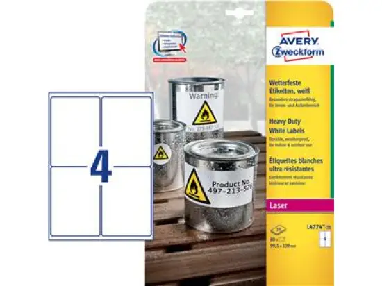 Etiketten Avery Zweckform L4774-20 99,1 x 139 mm Folie, wetterfest, reißfest, selbstklebend, weiß, Laser, Pack 80 Stk/20 Blatt