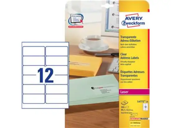 Adress-Etiketten Avery Zweckform L4772-25 99,1 x 42,3 mm, Folie, selbstklebend, transparent, Laser, Pack 300 Stk/25 Blatt