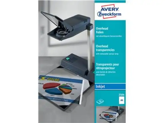 Overhead-Folien Avery Zweckform 2504 A4 0,11mm klar mit abziehbarem Sensorstreifen, Inkjet, Pack 50 Blatt