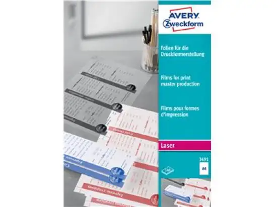 Folie Avery Zweckform 3491 A4, beschichtet, stapelverarbeitbar, transparent, matt, Laser, für Druckformerstellung, Pack 100 Blatt