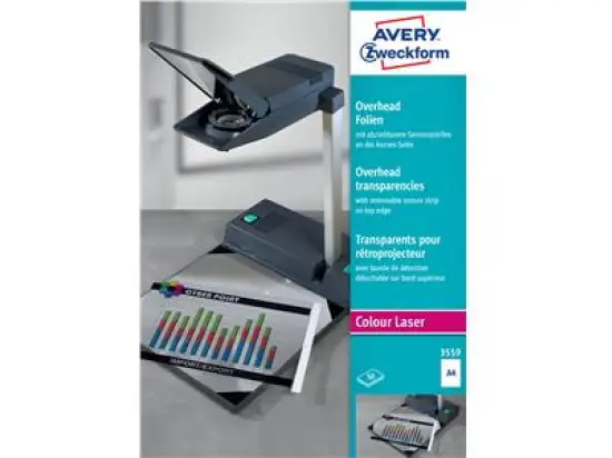 Overhead-Folien Avery Zweckform 3559 A4 0,10mm klar mit Sensorstreifen, Laser, Pack 50 Stk