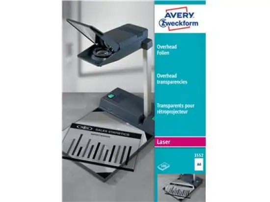 Overhead-Folien Avery Zweckform 3552 A4 0,10mm klar, lösemittelfrei beschichtet, stapelverarbeitbar, Laser, Pack 100 Blatt