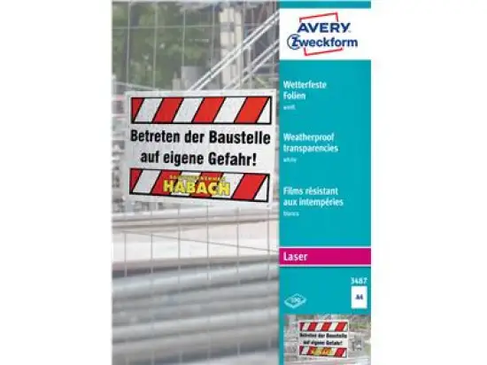 Folie Avery Zweckform 3487 A4, beschichtet, stapelverarbeitbar, weiß, 120my, wetterfest, Laser, Pack 100 Blatt