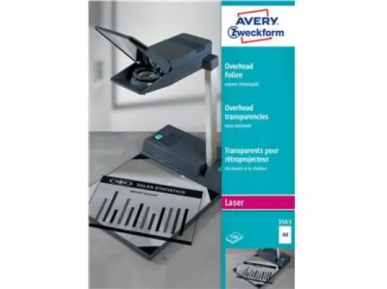 Overhead-Folien Avery Zweckform 3563 A4 0,13mm klar, beschichtet, stapelverarbeitbar, erhöhte Folienstärke, Laser, Pack 100 Blatt