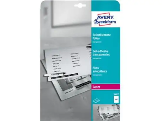 Folie Avery Zweckform 3482 A4, beschichtet, stapelverarbeitbar, selbstklebend, 140my, transparent, Laser, Pack 25 Blatt