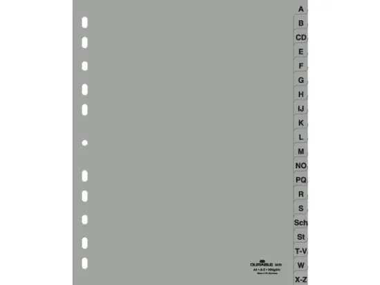 Buchstaben-Register Durable 6520-10 652010, 6520/10 A4 überbreit, Buchstaben A-Z, 20-teilig/div, PP-Folie, grau
