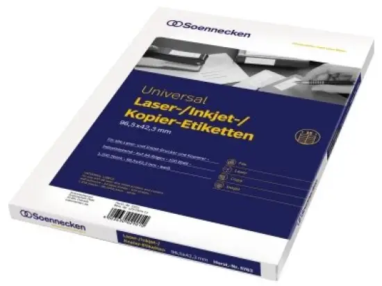 Etiketten Soennecken 129090401 5763 96,5 x 42,3 mm weiß, selbstklebend, Inkjet Laser Kopierer, Pack 1200 Stk/100 Blatt