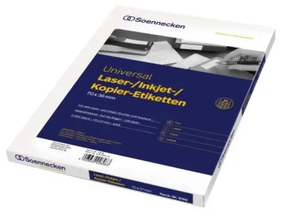 Etiketten Soennecken 129090101 5760 70 x 37 mm selbstklebend, weiß, Inkjet Laser Kopierer, Pack 2400 Stk/100 Blatt