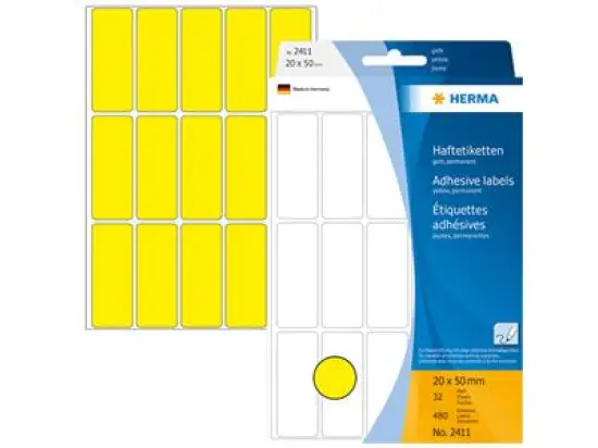 Haftetiketten Herma 2411 20 x 50 mm, selbstklebend, gelb, Handbeschriftung, Pack 480 Stk/32 Blatt