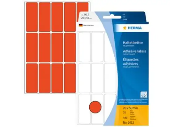 Haftetiketten Herma 2412 20 x 50 mm, selbstklebend, rot, Handbeschriftung, Pack 480 Stk/32 Blatt