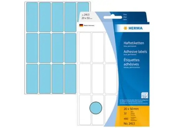 Haftetiketten Herma 2413 20 x 50 mm, selbstklebend, blau, Handbeschriftung, Pack 480 Stk/32 Blatt