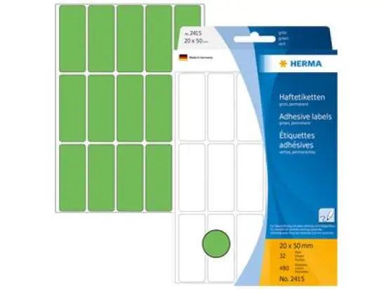 Haftetiketten Herma 2415 20 x 50 mm, selbstklebend, grün, Handbeschriftung, Pack 480 Stk/32 Blatt