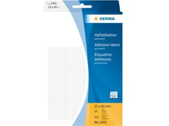 Haftetiketten Herma 2450 25 x 40 mm, selbstklebend, weiß, Handbeschriftung, Pack 512 Stk/32 Blatt